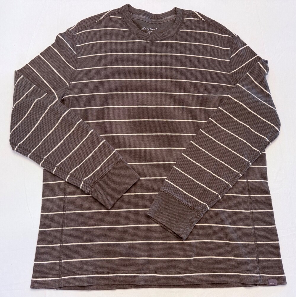 Eddie Bauer Men’s XL Waffle Knit Thermal Shirt Gray Cream Stripe Cotton Blend